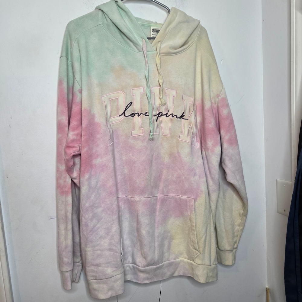 PINK Victoria's Secret Tie Dye Hoodie XXL Pastel Love Pink Pullover Sweatshirt